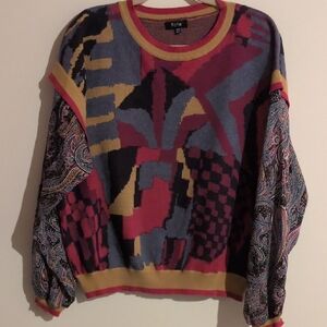 Fate Red and Blue Crew Neck Sweater with Geometric Design